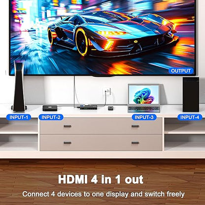 HDMI Switch 4 in 1 Out 4K@60Hz, 4 Ports HDMI Switcher Splitter Selector with Remote, Support HDCP 2.2 HDR 10+ Dolby Vision/Atmos 18Gbps CEC for Apple TV Game PC PS4 5 Pro Xbox Roku