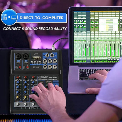 Pyle Professional 4 Channel Audio Mixer with Bluetooth - DJ Sound Board - USB Computer Input - Built-in MP3 Player - 48V Phantom Power - 3 Band EQ - 16-Bit DSP FX - Band, Studio Ready - PMXU43BT