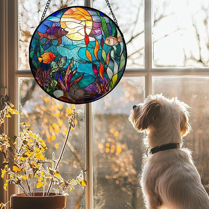 AMDERVEN Stained Glass Window Hanging - Blue Ocean World Small Fish Coral Sun Catcher for Door Garden Home Decor Sea Suncatcher Christmas Mother's Day Birthday Gifts for Women Men Mom Nana 15 in