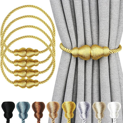 Nieffeiy Magnetic Curtain Tiebacks Outdoor Curtain Tie Backs Rope Decorative Magnetic Curtain Holders for Drapes Window Treatment Holdbacks, Gold 4Pack