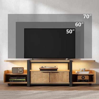 TV Stand with LED Lights and Storage cabinet for TVs up to 55"/65'', Modern Entertainment Center with Open Shelf, TV Cabinet, Media Console Table with Fluted Doors for Living Room, Bedroom, Oak