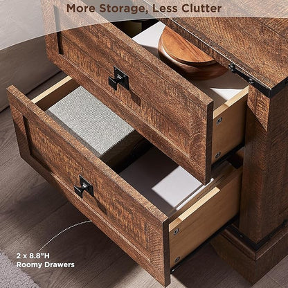 T4TREAM 24" Farmhouse Nightstand with Charging Station Set of 2, Large End Table with 2 Storage Drawers, Rustic Wood Sofa Bedside Table for Bedroom, Reclaimed Barnwood Color