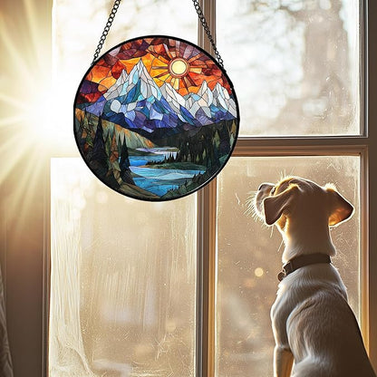 AMDERVEN Stained Glass Window Hanging - Colorful Mountain Lake Landscape Sun Catcher for Door Garden Home Decor Suncatcher Christmas Mother's Day Birthday Gifts for Women Men Mom Nana 7.8 in