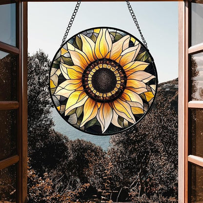 CRISGIF Stained Glass Window Hanging - Sunflower Suncatcher for Door Garden Patio Retro Flower Sun Catchers Decor Christmas Mother's Day Birthday Gifts for Women Mom Nana Friend Wife 11.8 in