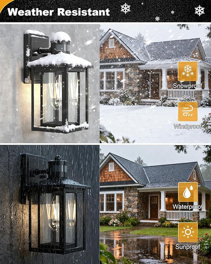 LTBLIGHT 2-Pack Motion Sensor Outdoor Lights, Modern Black Dusk to Dawn Porch Light Lanterns with 4 Modes, Waterproof Exterior Lighting for House, Patio, Garage, Front Door, 120V