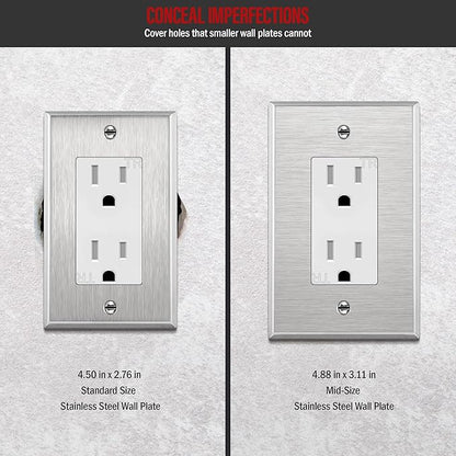 ENERLITES Decorator Switch or Outlet Metal Wall Plate, 430 Stainless Steel, Corrosion Resistant, Mid-Size 1-Gang 4.88" x 3.11", UL Listed, 7731M, Silver