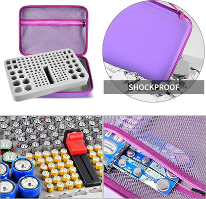 Battery Organizer Storage Holder, 150+ Batteries Storage Containers Box with Battery Tester Fits for AA AAA 9V C D Lithium 3V LR44 CR2016 CR1632 CR2032 CR2025 (Case Not Includes Batteries)-Purple