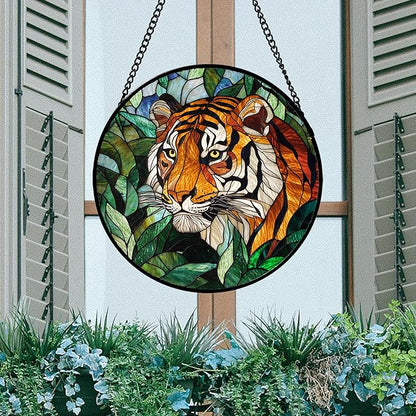 AMDERVEN Stained Glass Window Hanging, Fierce Tiger Sun Catcher for Door Home Decor Wild Animals Suncatcher Christmas Mother's Day Birthday Gifts for Women Men Mom and Nana 15 in