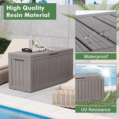 NUNU LAB Outdoor Storage Box, 80 Gallon Large Resin Sturdy Deck Box, Backyard Outside Storage Box Waterproof, Package Delivery Garden Hose Storage Bin Tool, Gray