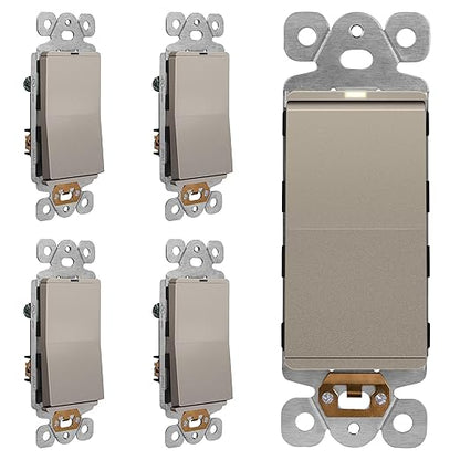 LIDER Minimalist Design Matte Finish Lighted Decorator Switch, Frameless Paddle Light Switch with Locator Light, Grounding Screw, 3-Way or Single Pole, 15A 120V, UL listed, LS15-3W-NK5P, Nickel 5 Pack