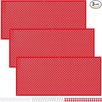 Daanxw Pegboard Rack Garage Storage Steel Horizontal PegBoard Pack,Steel Pegboard Heavy Duty- 3 Pack 16-Inch X 36-Inch Metal Peg Board Tool Organization Panels (Red)