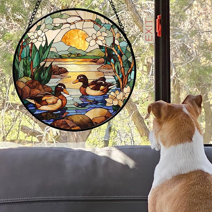 AMDERVEN Stained Glass Window Hanging, Ducks in The Pond Sun Catcher for Door Home Decor Landscape Plant Suncatcher Christmas Mother's Day Birthday Gifts for Women Men Mom Nana 15 in