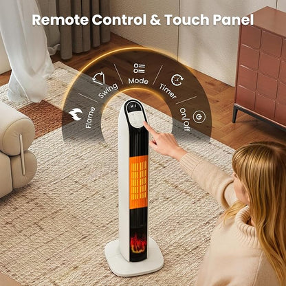 Zynkez 33" Space Heaters for Indoor Use Large Room, 1500W PTC Tower Fireplace Heater with 3D Flame, Room Heater w/Remote Control,12H Timer & Oscillation, Portable Electric Heaters for Bedroom, Beige
