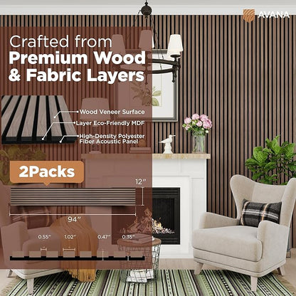 Avana Acoustic Wood Wall Panels – 94.4 X 12.6 Inch Walnut Acoustic Panels 2 PCs – Wall Panels For Interior Wall Decor For Homes, Offices, Studios – Sturdy And Durable Wood Panels For Wall