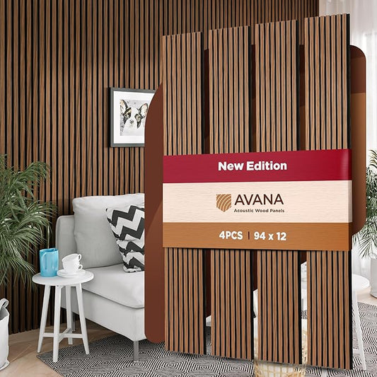 Avana Acoustic Wood Wall Panels – 94.4 x 12.6 Inch Rustic Walnut Acoustic Panels 4 PCs – Wall Panels For Interior Wall Decor For Homes, Offices, Studios – Sturdy and Durable Wood Panels For Wall