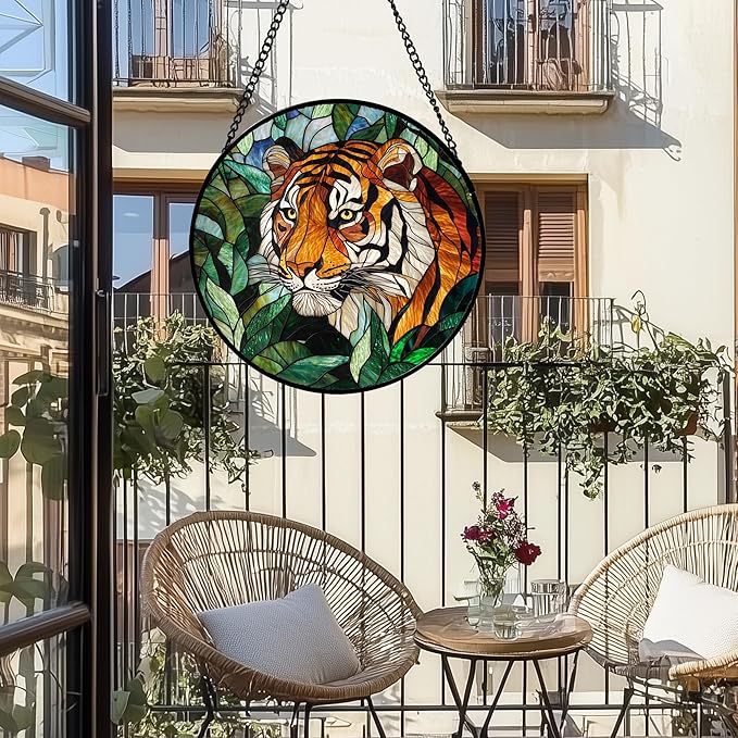 AMDERVEN Stained Glass Window Hanging, Fierce Tiger Sun Catcher for Door Home Decor Wild Animals Suncatcher Christmas Mother's Day Birthday Gifts for Women Men Mom and Nana 15 in