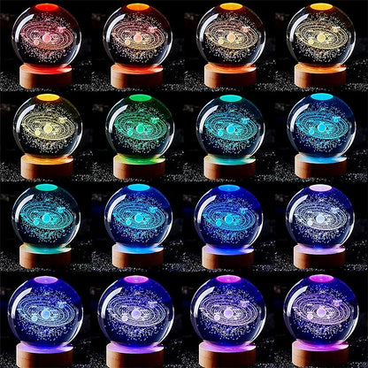 Conalisk 3D Solar System Crystal Ball Lamp,3.15 Inch K9 Crystal Ball Night Light with Wooden Base,16 Colors Changing with Remote Control,3D Planet Laser Engraving Holographic Light (Solar System)
