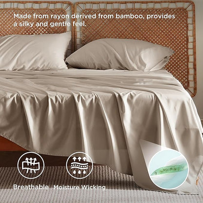 Bedsure Full Size Bed Sheets, Cooling Sheets, Rayon Derived from Bamboo, Breathable & Soft, Deep Pocket Up to 16 Inches, Hotel Luxury Silky Bedding for Hot Sleepers, Simply Taupe