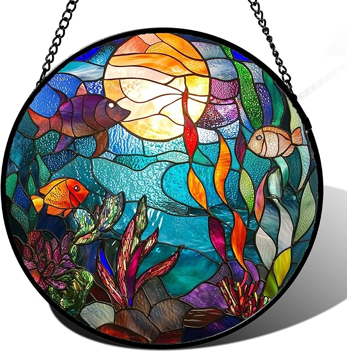 AMDERVEN Stained Glass Window Hanging - Blue Ocean World Small Fish Coral Sun Catcher for Door Garden Home Decor Sea Suncatcher Christmas Mother's Day Birthday Gifts for Women Men Mom Nana 9.8 in