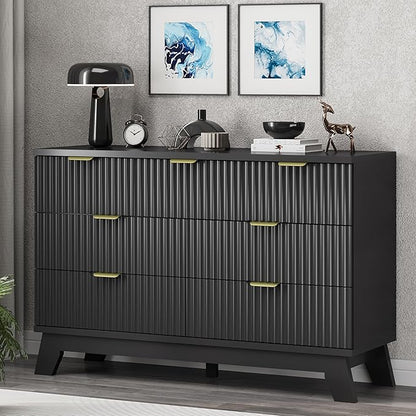 Xixini Fluted Dresser for Bedroom with 7 Drawers, 48" Wide Chest of Drawers with Metal Handle, Modern Wood Dresser TV Stand, Wooden Closet Clothes Storage Organizer for Living Room, Hallway, Black