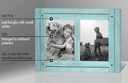 Americanflat Hinged 5x7 Double Picture Frame with 2 Photo Openings and Polished Glass - Distressed Wood Collage Picture Frames for Tabletop and Wall Display - Hampton Collection - Turquoise Blue