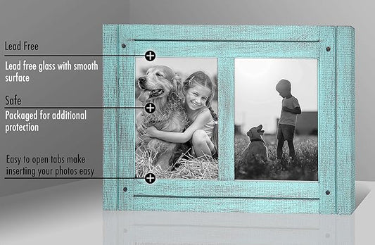 Americanflat Hinged 5x7 Double Picture Frame with 2 Photo Openings and Polished Glass - Distressed Wood Collage Picture Frames for Tabletop and Wall Display - Hampton Collection - Turquoise Blue