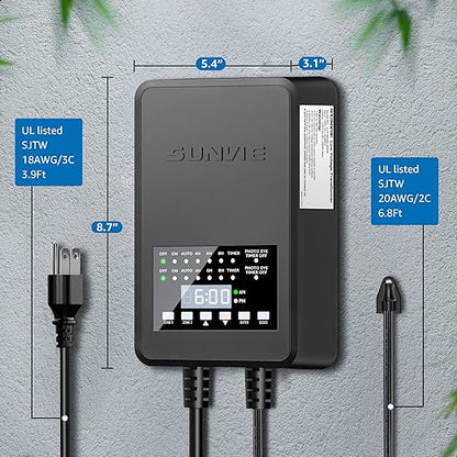 SUNVIE 300W Low Voltage Landscape Transformer with 2 Independent Control Output Landscape Lighting Transformer with Timer and Photocell Sensor 120V AC to 12/14V AC Weatherproof Low Voltage Transformer