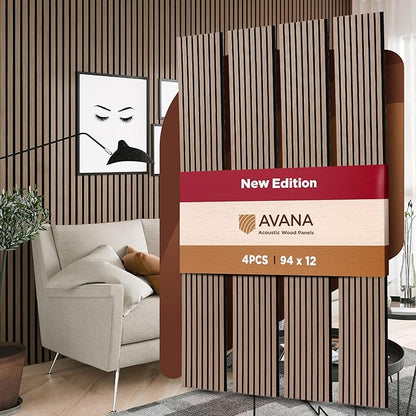 Avana Acoustic Wood Wall Panels – 94.4 x 12.6 Inch Smoke Walnut Acoustic Panels 4 PCs – Wall Panels For Interior Wall Decor For Homes, Offices, Studios – Pleasing Wood Panels For Wall
