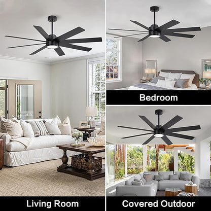 WINGBO 60" Large DC Ceiling Fans with Lights and Remote, 3 Downrods, 8 Plywood Blades, 6-Speeds Reversible DC Motor, 3CCT, Indoor Ceiling Fan for Bedroom Living Room Patio, Black