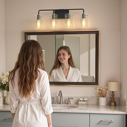 L LOHAS LED 4-Light Bathroom Light Fixtures, 26.37" Black Bathroom Vanity Light with Straight Glass Shades, Modern Vanity Lights for Mirror Living Room Hallway, E26, ETL Listed