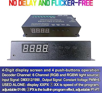 CANRIA DC 5V-24V 6 Channel DMX512 Decoder LED Controller, for RGBRGB RGBW RGBWW RGBWWW LED Strip Light, 4-Digit Display