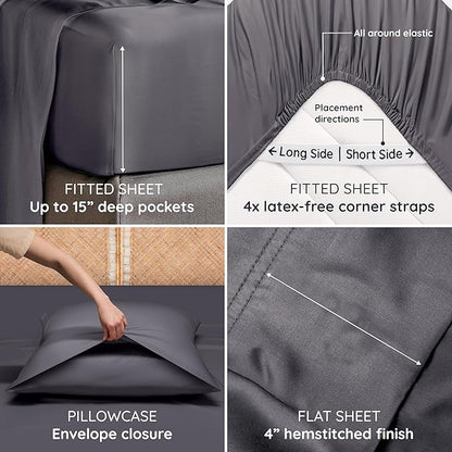 Bambaw 100% Viscose Derived from Bamboo Sheet Set Full Size – 4pcs Cooling Sheets for Hot Sleepers, with Elastic Corner Straps, Soft Bedding Set, Luxury Sheets Full Size (Charcoal)