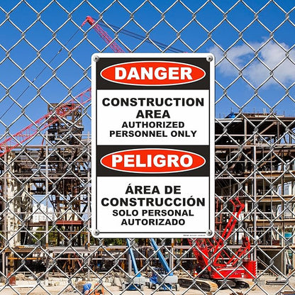 Brimar - 12" x 18" - Bilingual Danger Construction Area Authorized Only Sign - .055″ Polyethylene Plastic - Bold Text - Easy Installation