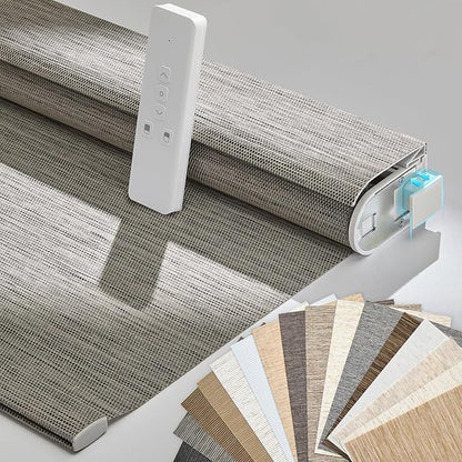 Persilux Smart Motorized Blinds with Remote, No Drill Automatic Roller Shades for Indoor Windows, Light Filtering Linen Fabric, Electric Blinds for Windows, Weave Blend Smoke C162-7, Custom Size