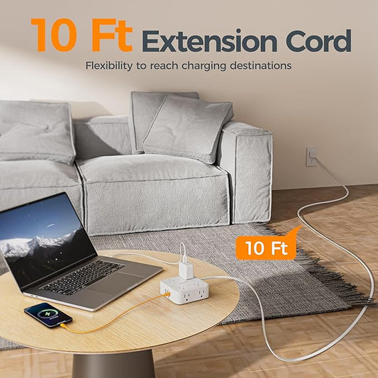 TESSAN 10 Ft Flat Plug Extension Cord with Multiple Outlets, Surge Protector Power Strip with 3 USB(1 USB C) 8 Outlets, 900J Protection, Desk Charging Station for Home, Dorm Room Essentials, White