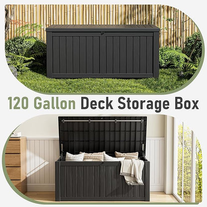 Outdoor Storage Box, 120 Gallon Deck Box, Resin Waterproof Outside Storage Bench, Outdoor Storage Cabinet With Lockable Lid, Backyard Deck Box For Garden Tools, Patio Cushions, Pool Accessories