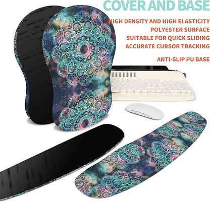 KUOSGM 2-in-1 Ergonomic Set, Wave Rise Keyboard Wrist Rest and Massage Bulge Slope Mouse Pad Wrist Support, Cushion Memory Foam Integrated to Relieve Wrist Pain, Galaxy Mandala