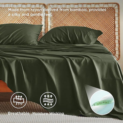 Bedsure California King Sheet Sets, Cooling Sheets, Rayon Derived from Bamboo, Breathable & Soft, Deep Pocket Up to 16 Inches, Hotel Luxury Silky Bedding for Hot Sleepers, Olive Green