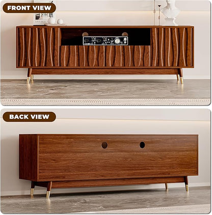 ATJafurn 66‘’ Brown Walnut Finish TV Stand for 48/55/65 Inch TVs, Mid Century Modern Wood Media Console Entertainment Center with 2 Drawers and 2 Cabinets for Living Room Bedroom