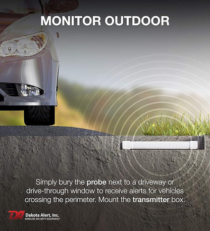 Dakota Alert Driveway Alarm Sensor - DCPT-4000 Driveway Alarms Wireless Outside Weatherproof Vehicle Sensor, 1 Mile Long Range Sensors , Vehicle Detecting Probe Transmitter & 50' Direct Burial Cable