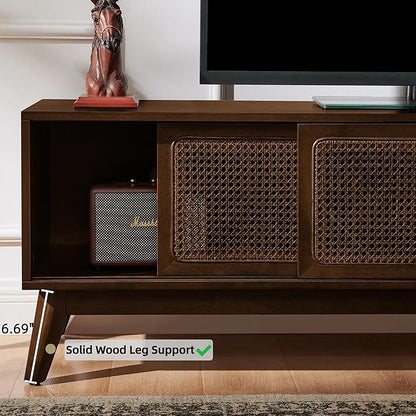 LKTART TV Stand for TVs up to 65'',Mid Century Modern Entertainment Center with Rattan Sliding Door,Boho Media Console for Living Room(Dark Walnut, 59")