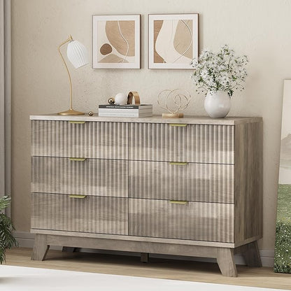 Xixini Fluted Dresser for Bedroom with 6 Drawers, 48" Wide Modern Chest of Drawers with Metal Handle, Wooden Dresser TV Stand, Wood Closet Clothes Storage Organizer for Living Room, Hallway, Grey