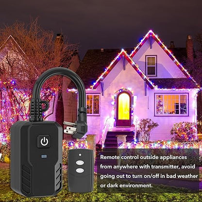 BN-LINK Outdoor Remote Control Outlet Plug Black,Indoor Wireless Outlet Switch Weatherproof Heavy Duty 15A 3-Prong 6-inch Cord 100Ft Range (Battery Included)