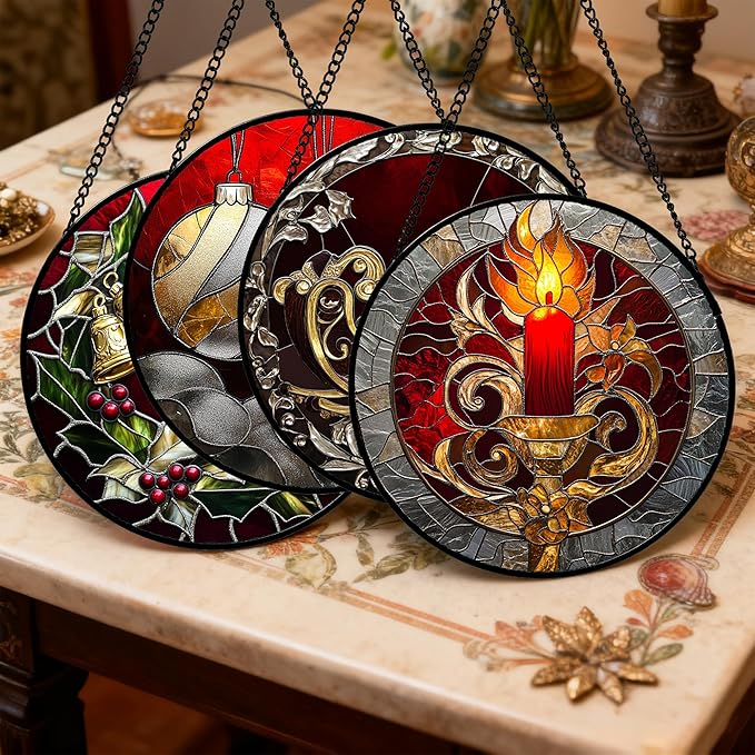 AMDERVEN Stained Glass Window Hanging 4 Pcs Set Christmas Golden Bell Sleigh Large 11.8" - Suncatcher Door Garden Sun Catcher Decor Birthday Mother's Day Xmas Gifts for Mom Woman Nana Men Parents