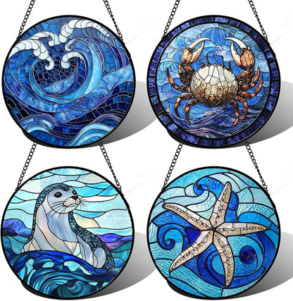 DASTOLL Stained Glass Window Hanging 4 Pcs Set Blue Ocean Waves 9.8" - Starfish Crab Seal Suncatcher Door Garden Sun Catcher Decor Birthday for Mom Woman Nana Men Friend