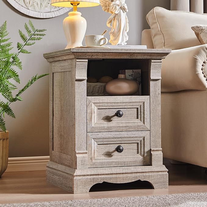 Farmhouse Nightstand with Charging Station, 18" End Table with 2 Drawers Storage and 1 Storage Shelf, Wooden Side Table w/Roman Column, Bedside Cabinet for Bedroom, Living Room, Light Rustic Oak
