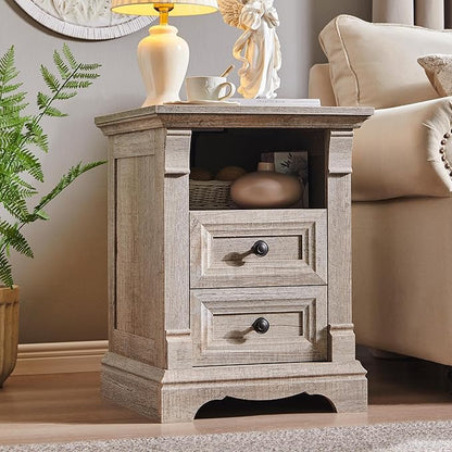 Farmhouse Nightstand with Charging Station, 18" End Table with 2 Drawers Storage and 1 Storage Shelf, Wooden Side Table w/Roman Column, Bedside Cabinet for Bedroom, Living Room, Light Rustic Oak