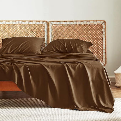 Bedsure King Size Sheets Set, Cooling Sheets for Hot Sleepers, Rayon Derived from Bamboo, Breathable & Soft, Deep Pocket Up to 16 Inches, Hotel Luxury Silky Bedding, Brown