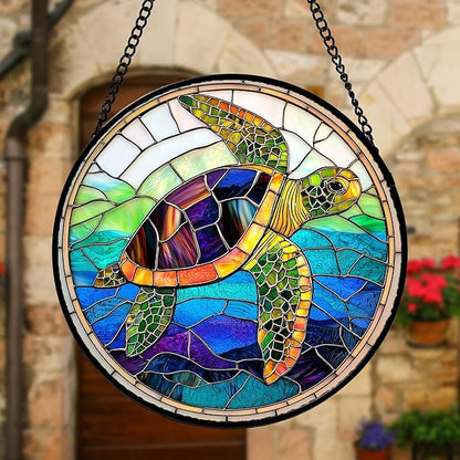 DASTOLL Stained Glass Window Hanging, Colored Turtle Ocean Suncatcher Diamond Glass Panel Hangings Marine Life Sun Catchers Decor for Birthday for Women, Men, Wife, Aunt, Mom 11.8 in