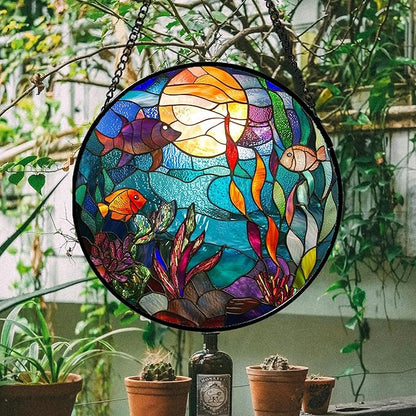 AMDERVEN Stained Glass Window Hanging - Blue Ocean World Small Fish Coral Sun Catcher for Door Garden Home Decor Sea Suncatcher Christmas Mother's Day Birthday Gifts for Women Men Mom Nana 11.8 in